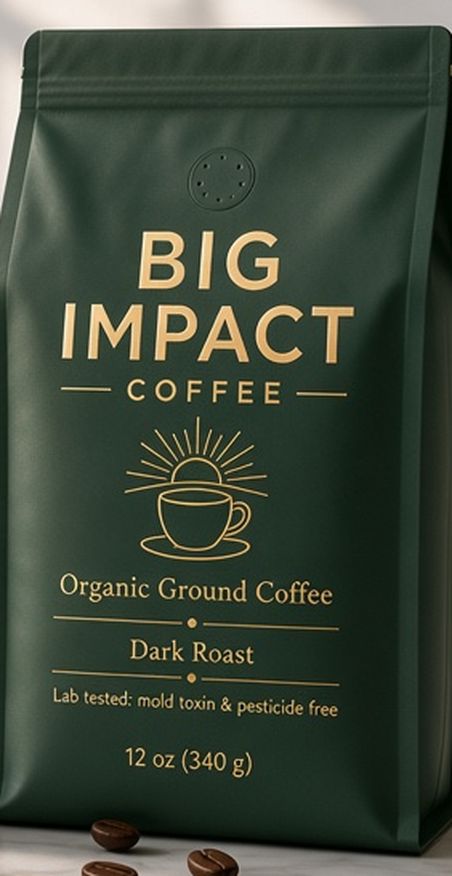 Big Impact Coffee Bold Move dark roast bag in forest green and gold