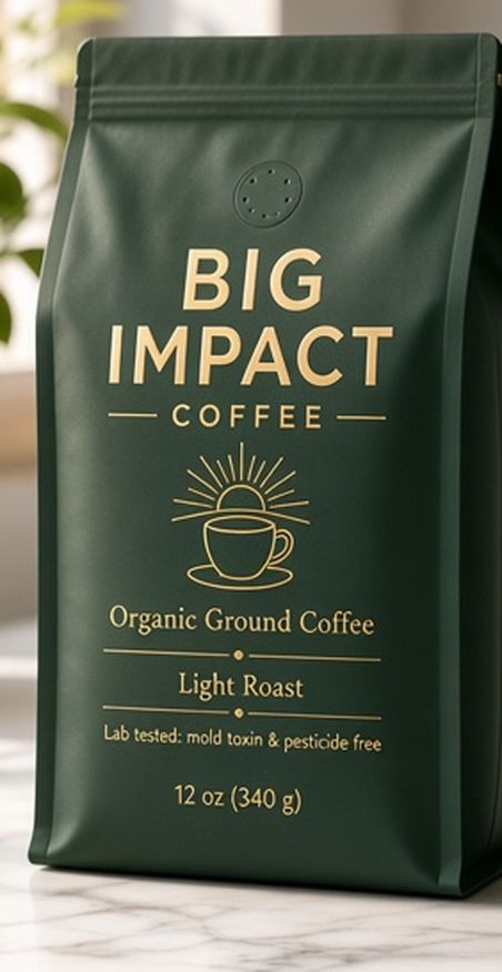Big Impact Coffee Bright Start light roast bag in forest green and gold