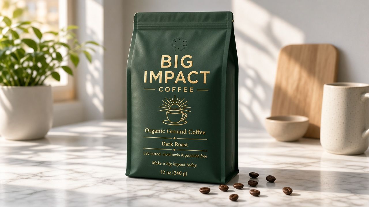 A forest green Big Impact Coffee bag with gold lettering and a sunrise-over-cup emblem on a sunlit marble counter, with a few coffee beans beside it