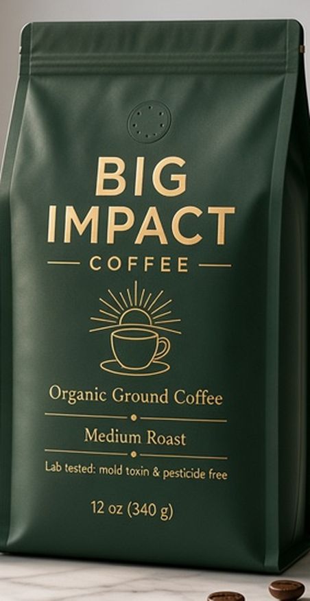 Big Impact Coffee Ripple Effect medium roast bag in forest green and gold