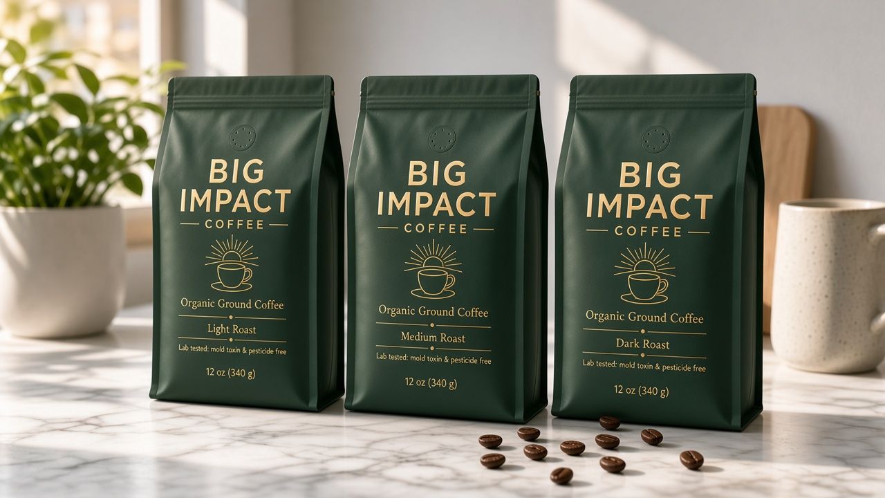 Light, medium and dark roast Big Impact Coffee bags lined up on a marble counter in morning light